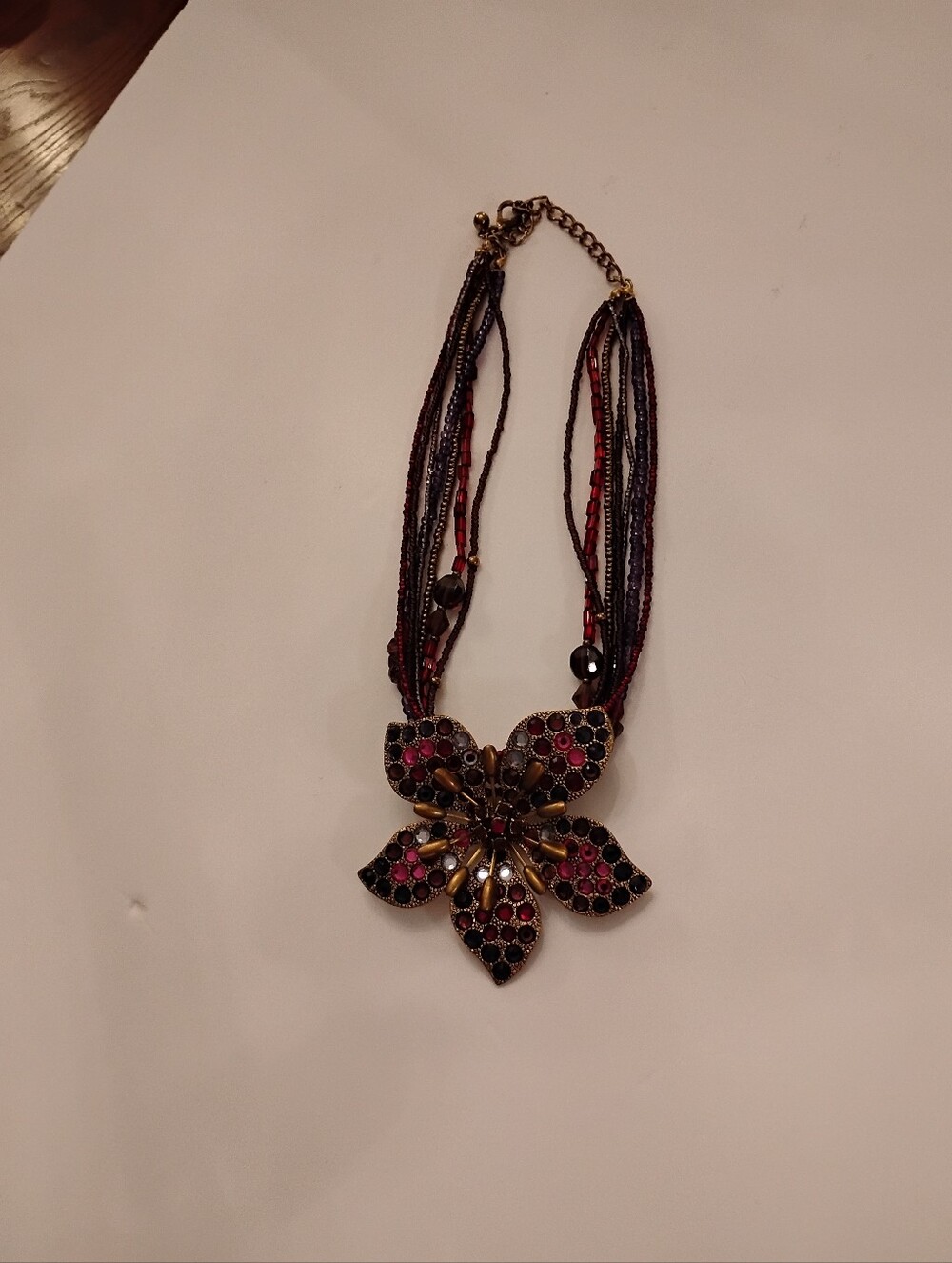 Chicos Vintage Beaded Multi-Strand Necklace with Red and Black Floral Pendant